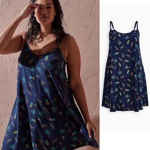 TORRID NAVY TROPICS PRINT CHALLIS MINI TRAPEZE DRESS